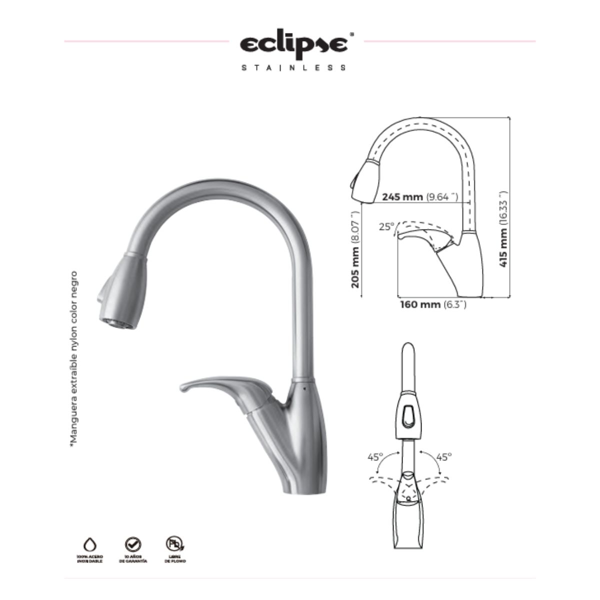 Llave Monomando Cascade extraíble acero inox KS3030 - Image 2